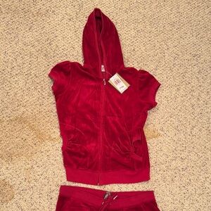 Juicy Couture Women's Red Velour Short Sleeve Hoodie Set Top XL Bottom L